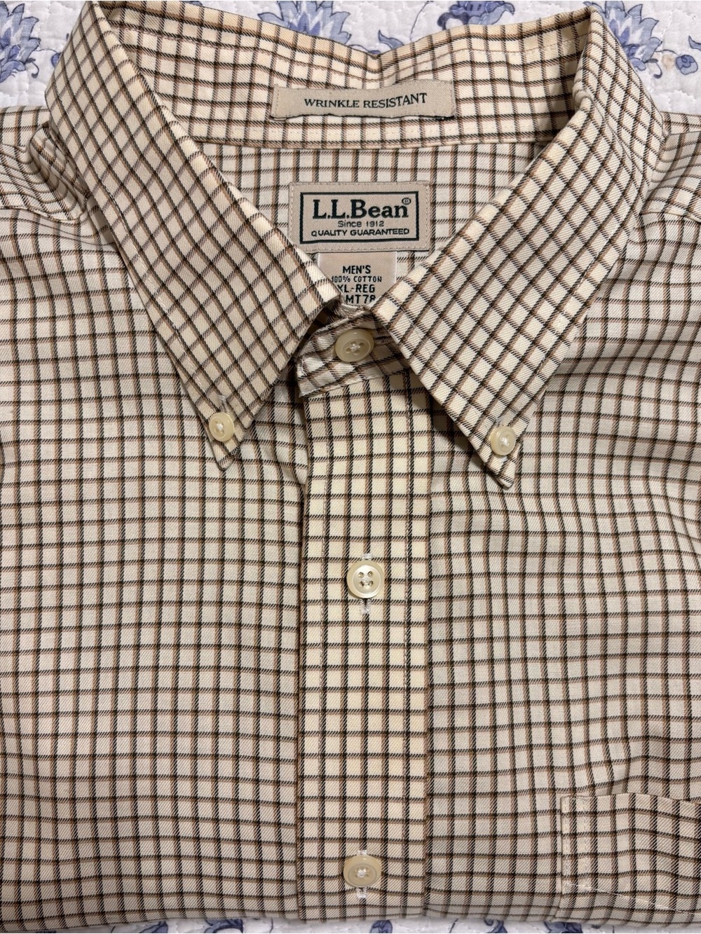 LL Bean Men’s XL Reg Button down Tattersall check beige sport shirt 100% Cotton